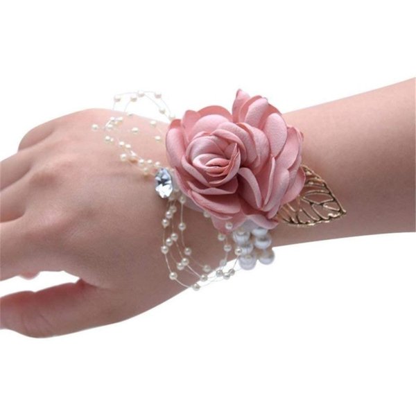Girl Bridesmaid Wrist Corsage Bridal Silk Wrist Flower Artificial Pearl Bead Elastic Bracelet Wristband Golden Leaf Wedding Prom Hand