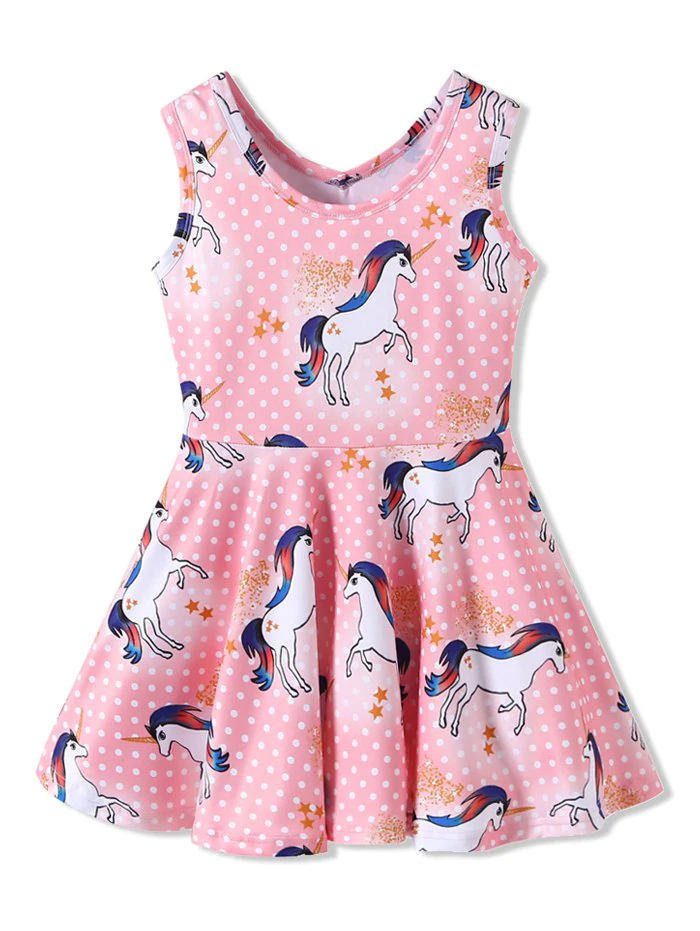 Girls Unicorn Polka Dot Print Sleeveless Dress