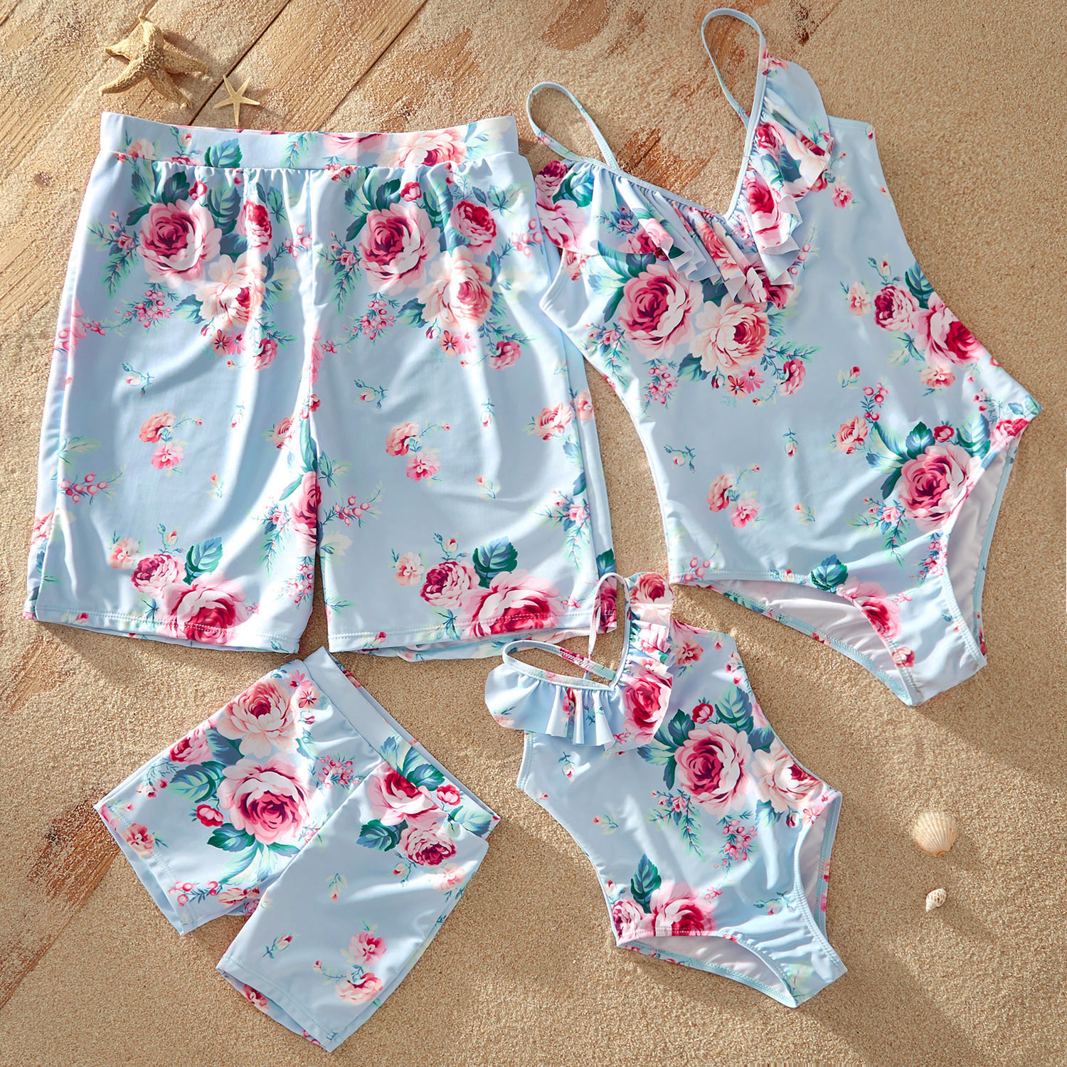 Flounce Neckline Floral Print Matching Family Swimsuits