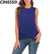 CINESSD Women Sexy Sleeveless Tshirt Solid Spring Summer Blue O Neck Knotted Office Ladies Casual Tops Loose Pullover Tee Shirts