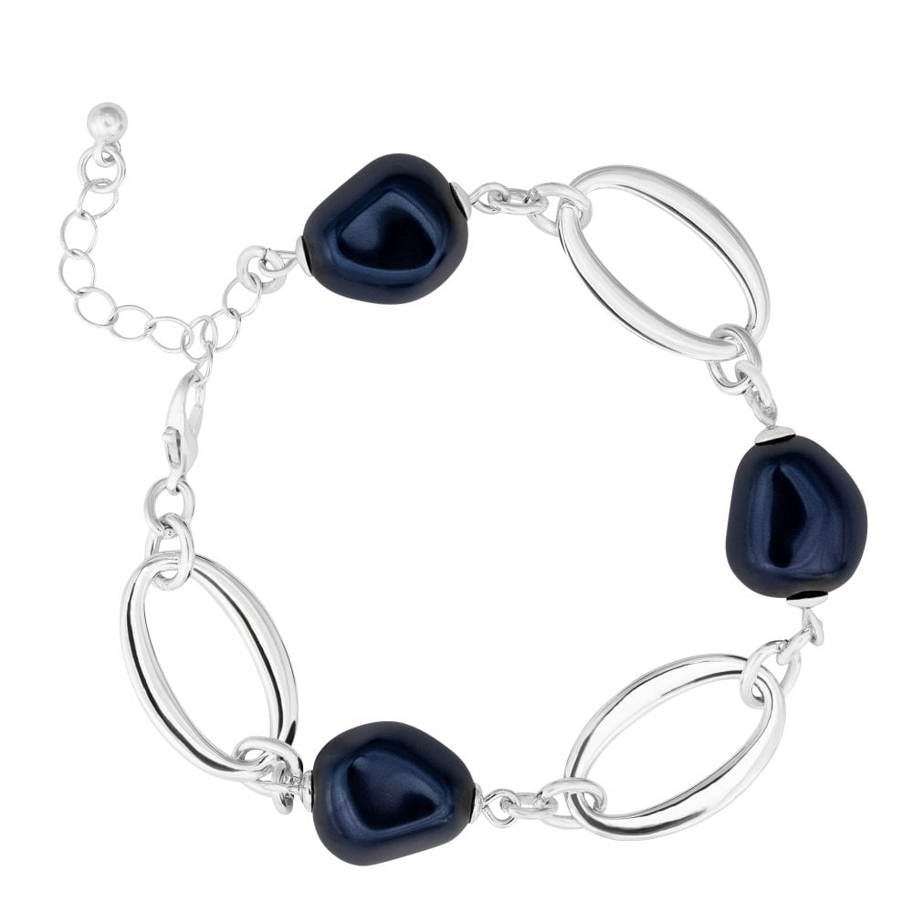 Silver Plated Baroque Blue Pearl And Polished Link Bracelet