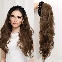Headband Wig Synthetic Long Wave Headband Wigs For Women Wig With Pearl Headbands Attached Glueless Black/Brown Half Wig Lightinthebox