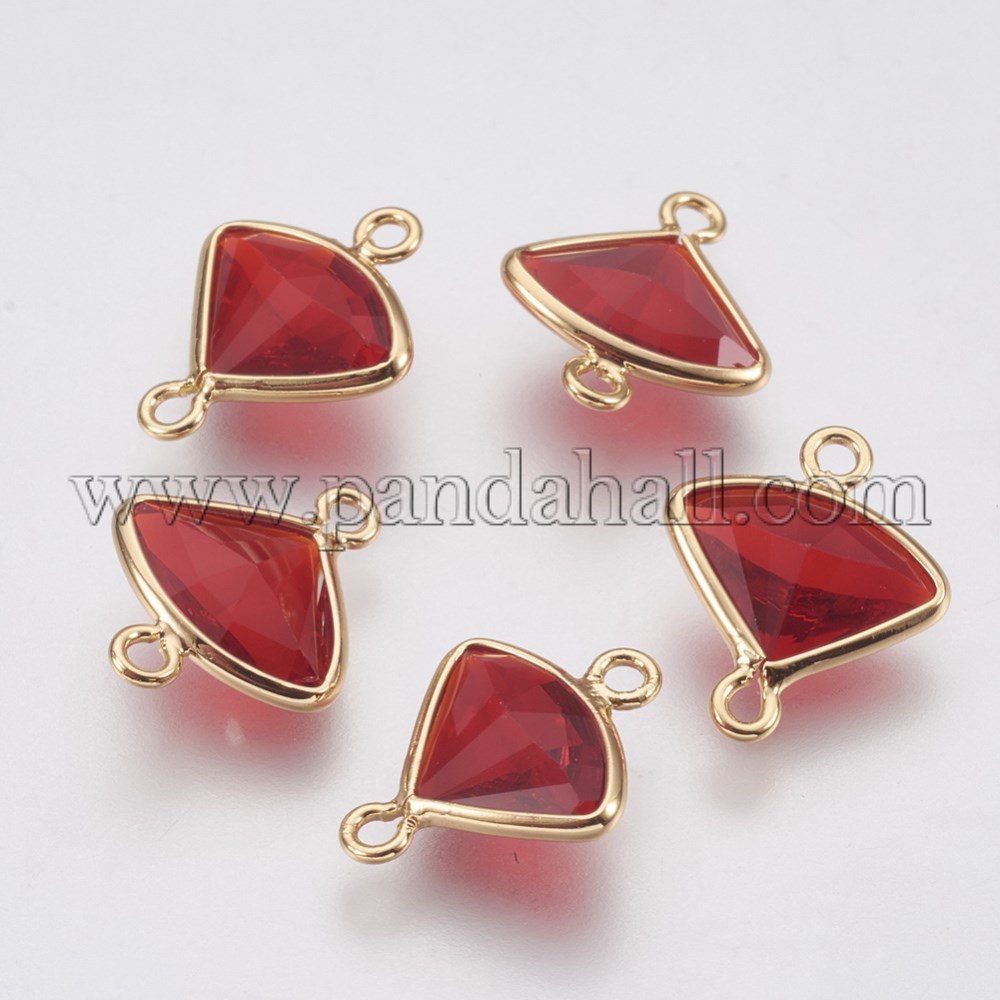 Glass Links, with Brass Findings, Faceted Fan, Real Gold Plated, Red, 12.5x10x3mm, Hole: 1mm