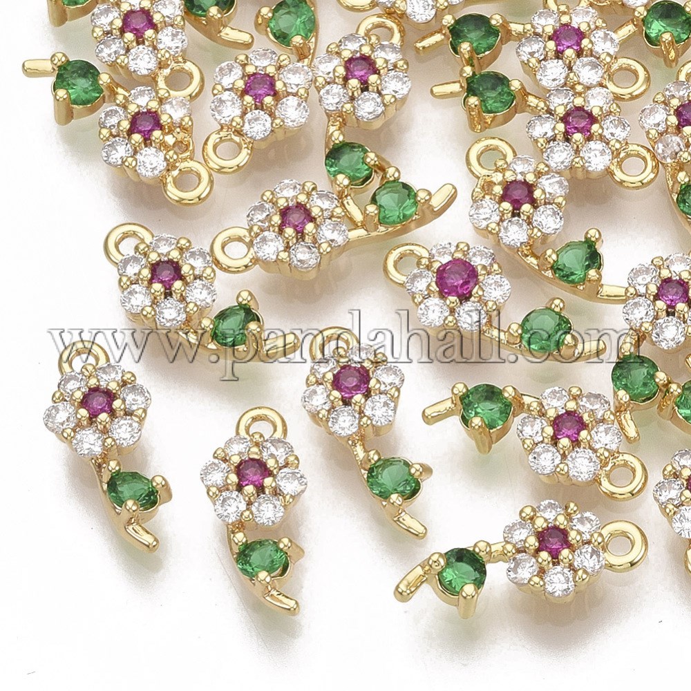 Brass Micro Pave Cubic Zirconia Charms, Nickel Free, Flower, Colorful, Real Gold Plated, 12x5x3mm, Hole: 1mm