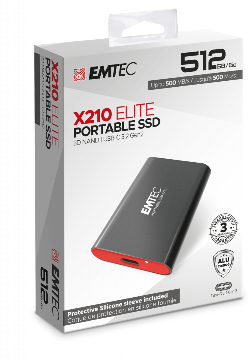 Emtec X210 - SSD - 512 GB - extern (tragbar) - USB 3.2 Gen 2 (USB-C Steckverbinder) (ECSSD512GX210)
