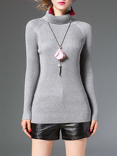 H-line Long Sleeve Knitted Plain Turtleneck Sweater