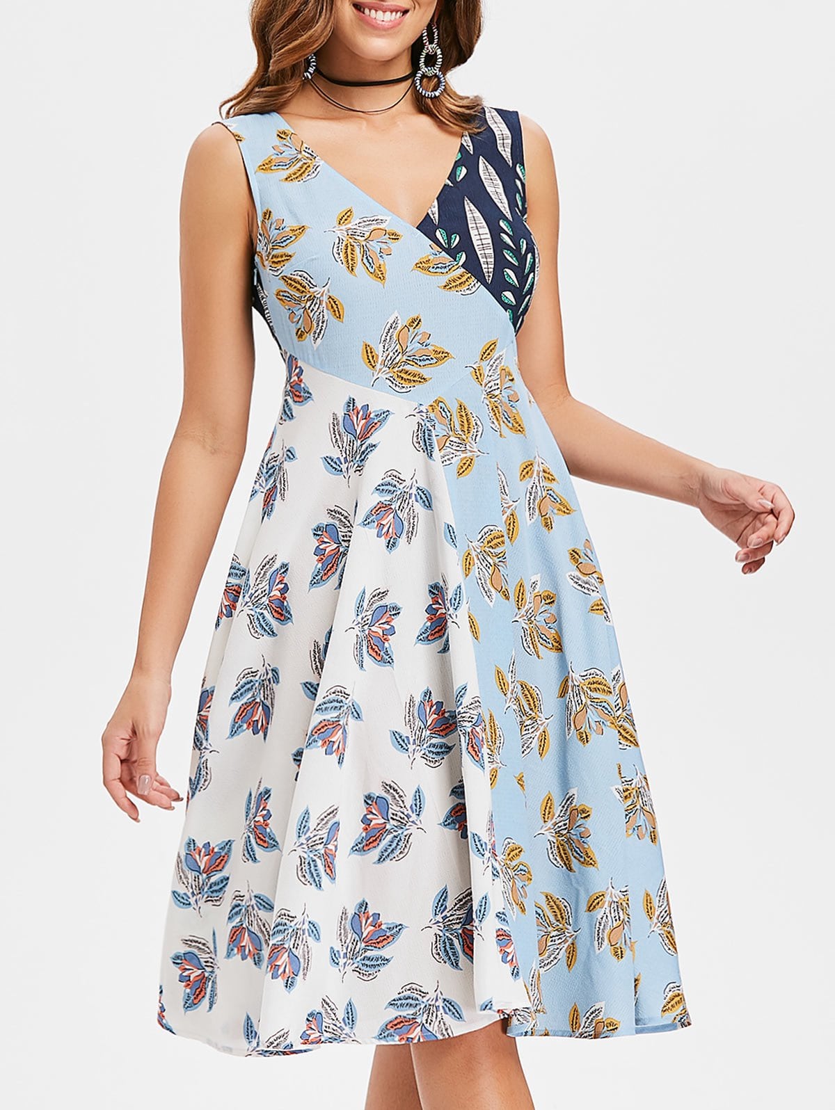Double V Neck Cut Out Floral Dress