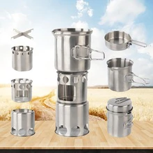 Outdoor Camping Stainless Steel Stove Set Wood Burner Cooking Stove Cross Stand Pot Set