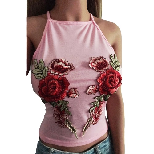 Women Camisole Top Floral Embroidery Sleeveless Adjustable Spaghetti Strap Sexy Tee Tank Top