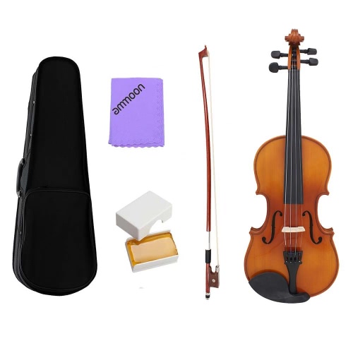 ammoon Full Size 1/4 Violin Fiddle Natural Acoustic Solid Wood Spruce Front Board Flame Maple Veneer for Beginner Student Performer with Case Rosin Cleaning Cloth