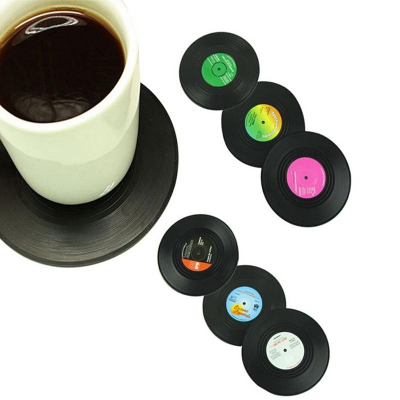 Wholesale-6 Pcs set Home Table Cup Mat Creative Coffee Drink Placemat for table Spinning Vinyl CD Record Drinks Coasters Fashion
