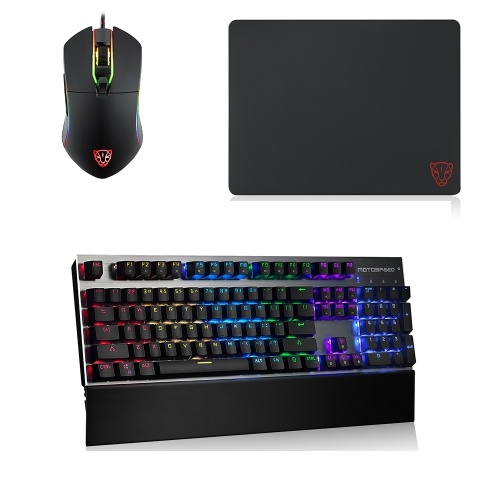 Motospeed V30 Wired Optical USB Gaming Mouse + CK108 104 Keys Mechanical Gaming Wired Keyboard Blue Switch + 3D P40 Super Smooth Silica Gel Mouse Pad