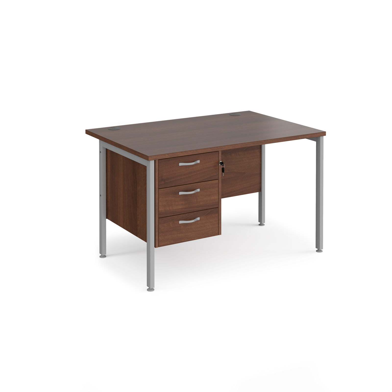 Maestro 25 straight desk 1200mm x 800mm with 3 drawer pedestal - silver H-frame leg, walnut top