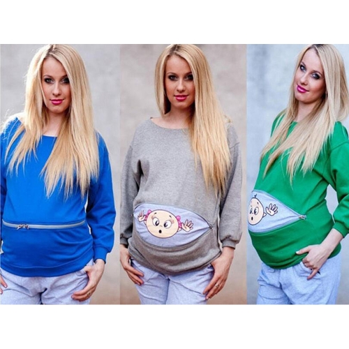 Maternity Sweatshirt Long Sleeve Funny Print Zipper Pregnancy Mom Tops Sweater Hoodie Green S
