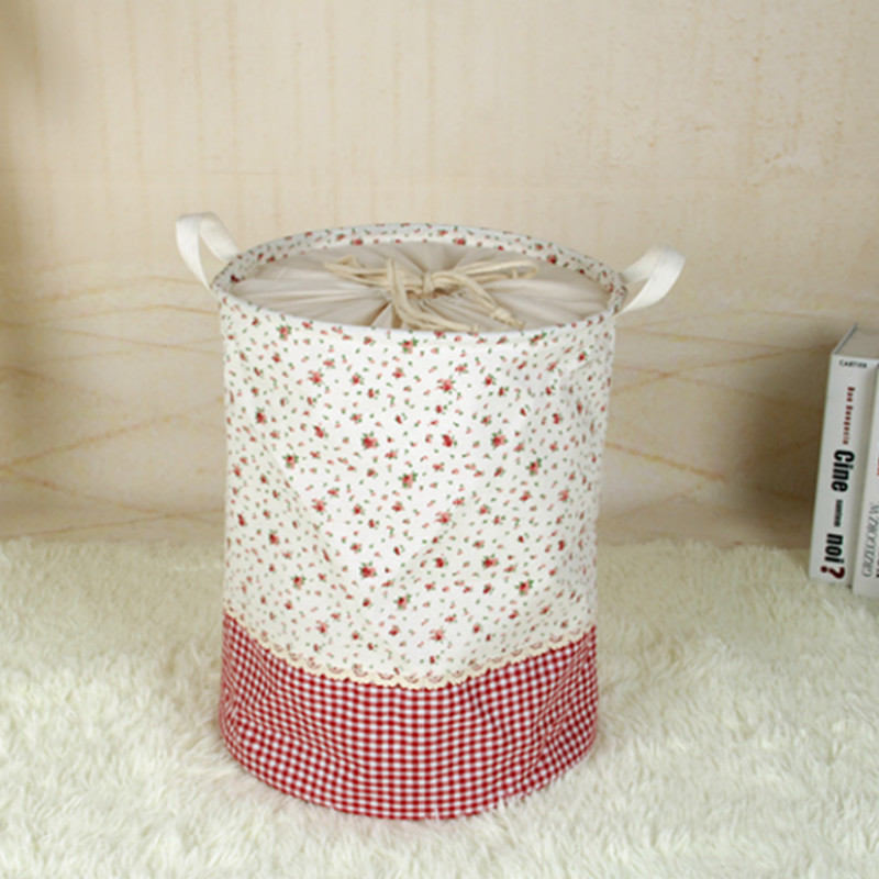 Floral Lace Decor Drawstring Laundry Bucket With Cover