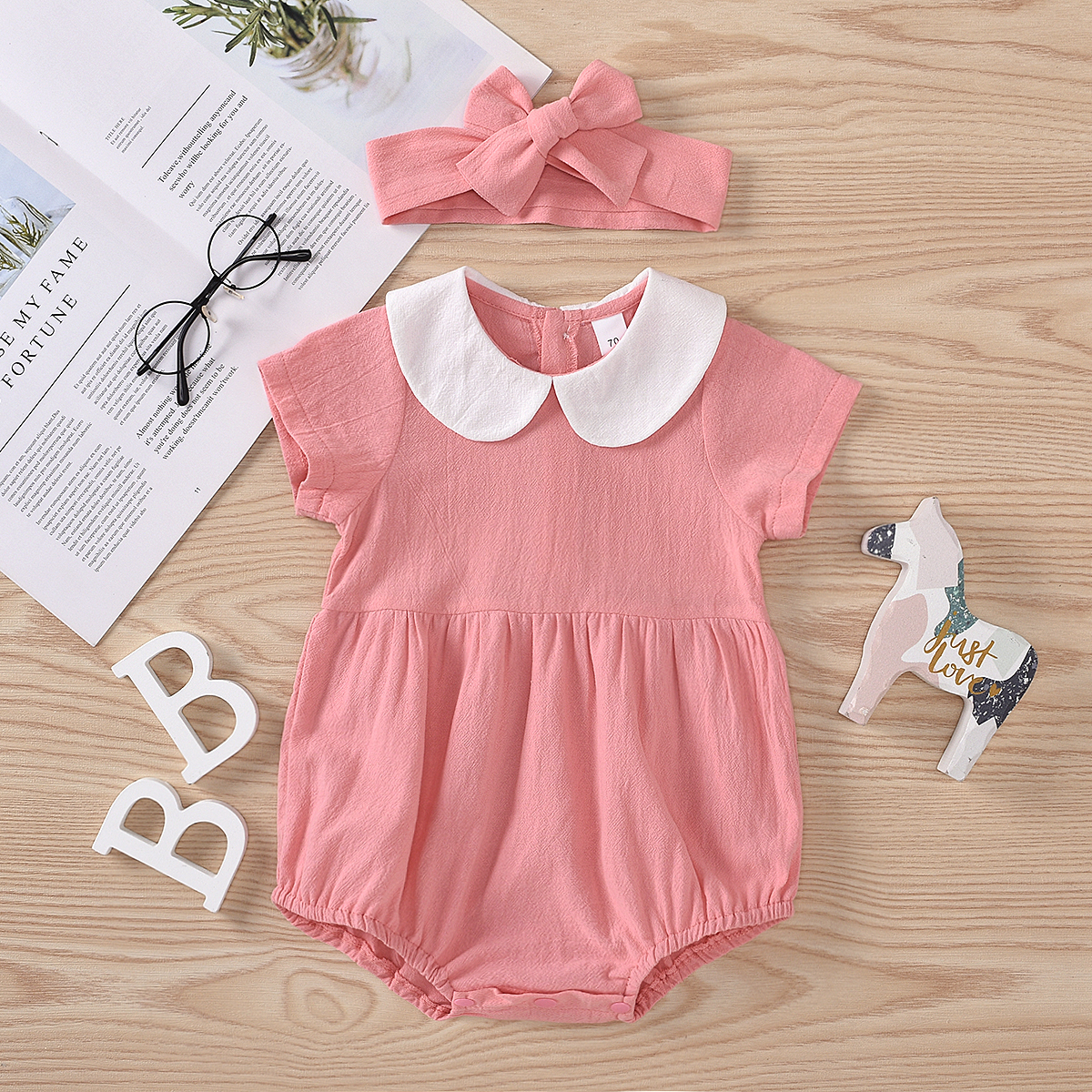 2-piece Baby Doll Collar Solid Rompers with Headband