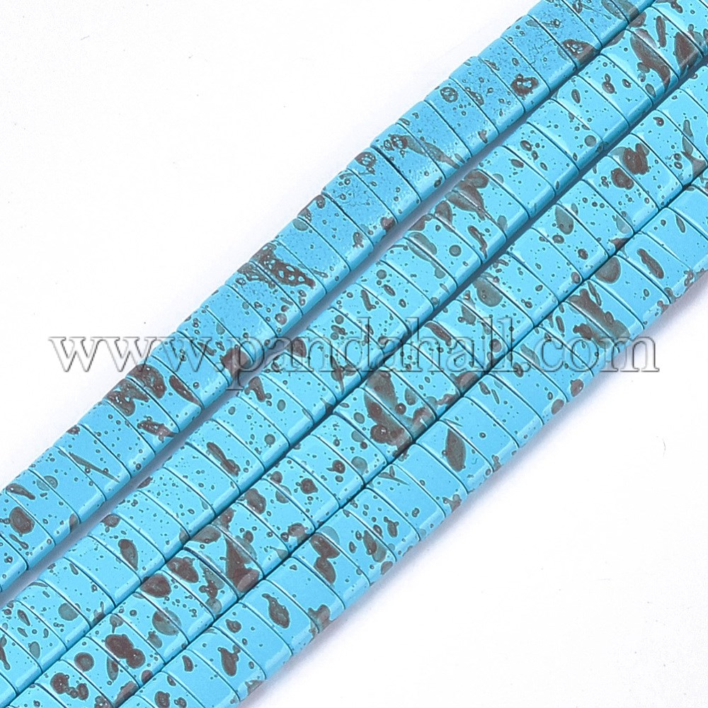 Spray Painted Non-magnetic Synthetic Hematite Multi-Strand Links, For Tile Elastic Bracelets Making, Rectangle, SkyBlue, 2x5x2mm, Hole: 0.6mm; about 172pcs/strand, 16.1