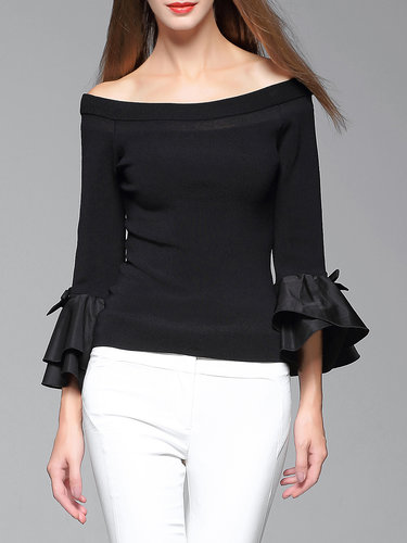 Black Flounce Bell Sleeve Off Shoulder Knitted Sweater