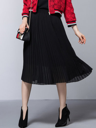 A-line Simple Solid Pleated  Midi Skirt