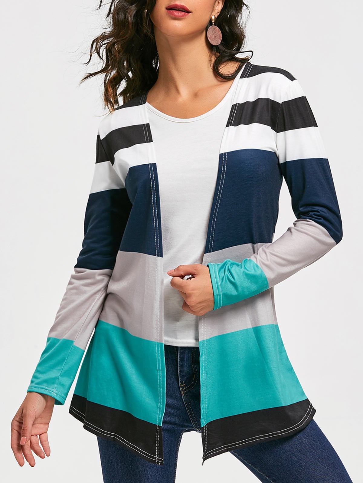 Casual Style Long Sleeve Collarless Colorful Stripe Women's Cardigan
