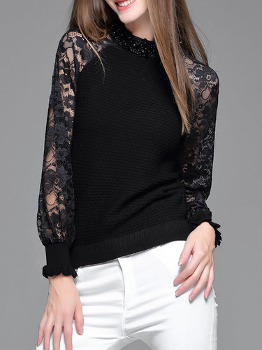Balloon Sleeve Elegant Cashmere Beaded Lace Stand Collar Sweater