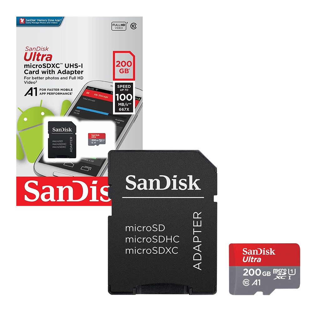SanDisk Mobile Ultra Micro SD SDXC Memory Card UHS-1 A1 100MB/s with SD Card Adapter - 200GB
