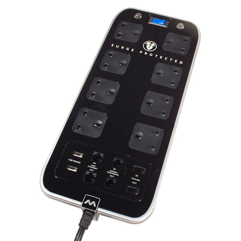 Masterplug 1M 8-Gang Surge Extension Lead + 2 x 2.1A USB Slot - Polished Black