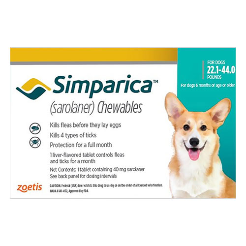 Simparica Chewable Tablet For Dogs 22.1-44 Lbs (Blue) 3 Pack