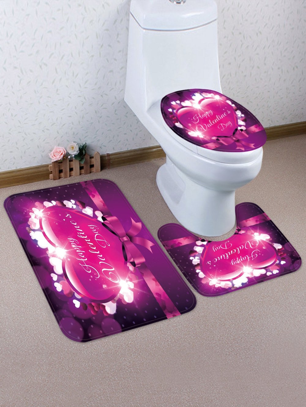 Happy Valentine Day Heart 3 Pcs Bathroom Toilet Mat
