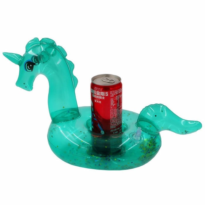 Sequined Green Transparent Unicorn Inflatable Water Coaster Floating Drink Cup Holder
