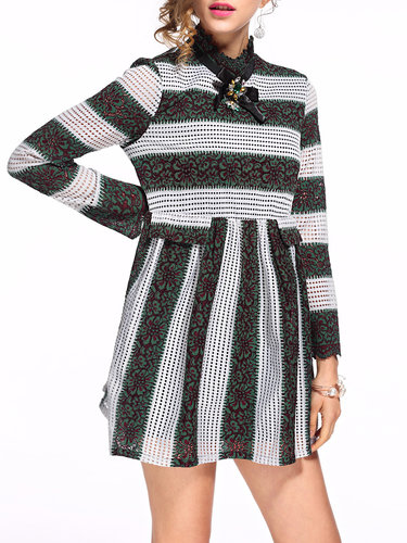 Green A-line Long Sleeve Lace Ruffled Color-block Mini Dress