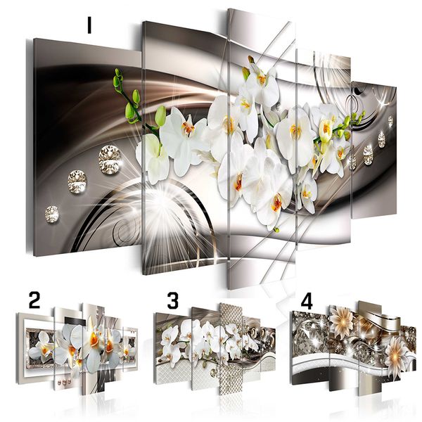 (No Frame)5PCS/Set Diamond Flower Fashion Wall Art Canvas Painting Mangnolia Flower Orchid Flower Modern Home Decoration,Choose Color And Si