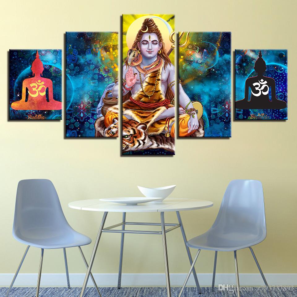 Abstract Pictures Wall Art HD Printed 5 Pieces Hindu Lord Shiva Painting Modular OM Poster Home Decor Living Room Framed Canvas
