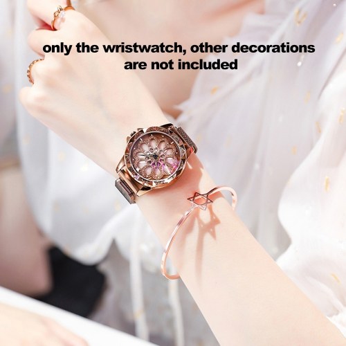 Reloj de pulsera femenino Reloj de pulsera de aleación de cuarzo analógico con esfera de diamante tallado Banda de malla magnética para damas