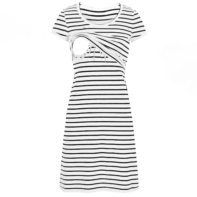 Casual Striped Short-sleeve Nursing Dress （ Random printing position）