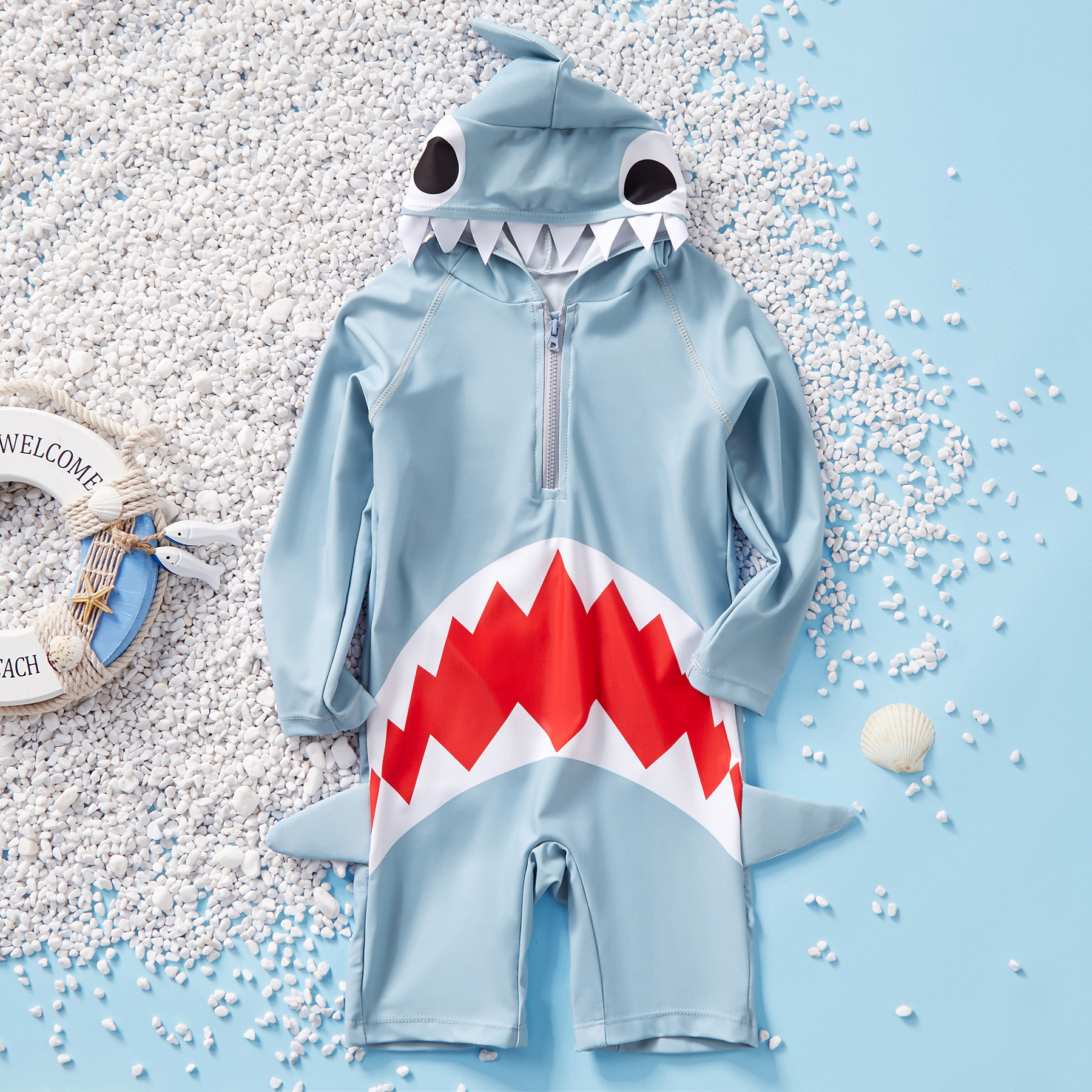 Toddler Boy Adorable Shark Decor One-piece Hooded Swimsuit