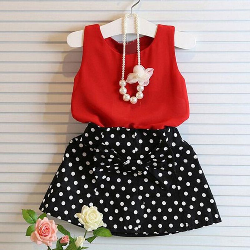Girls Wave Point Bow Cotton Top Skirt Two-piece