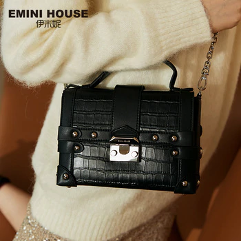 EMINI HOUSE Crocodile Pattern Genuine Leather Box Bag Luxury Handbags Women Bags Designer Rivet Padlock Women Shoulder Bag