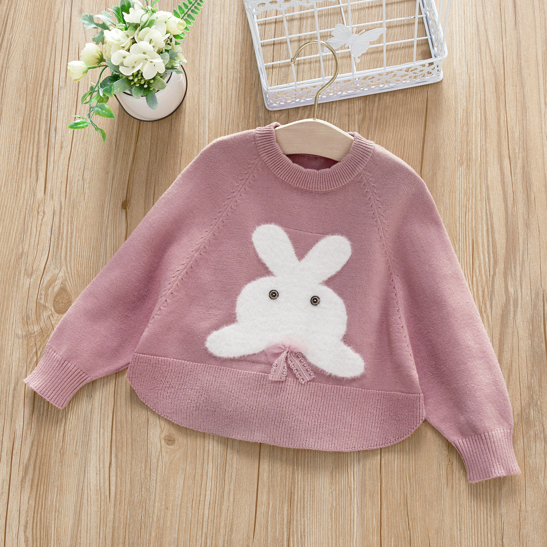 Baby / Toddler Girl Rabbit Print Grenadine Bowknot Velvet Sweater