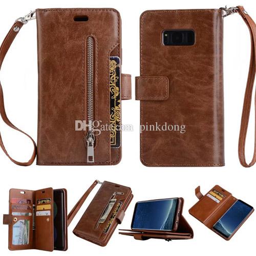 Gorgeous Multi-function 9 card slots Zip wallet card holder with hand strap for Samsung Galaxy Note8 Note 8 luxury case