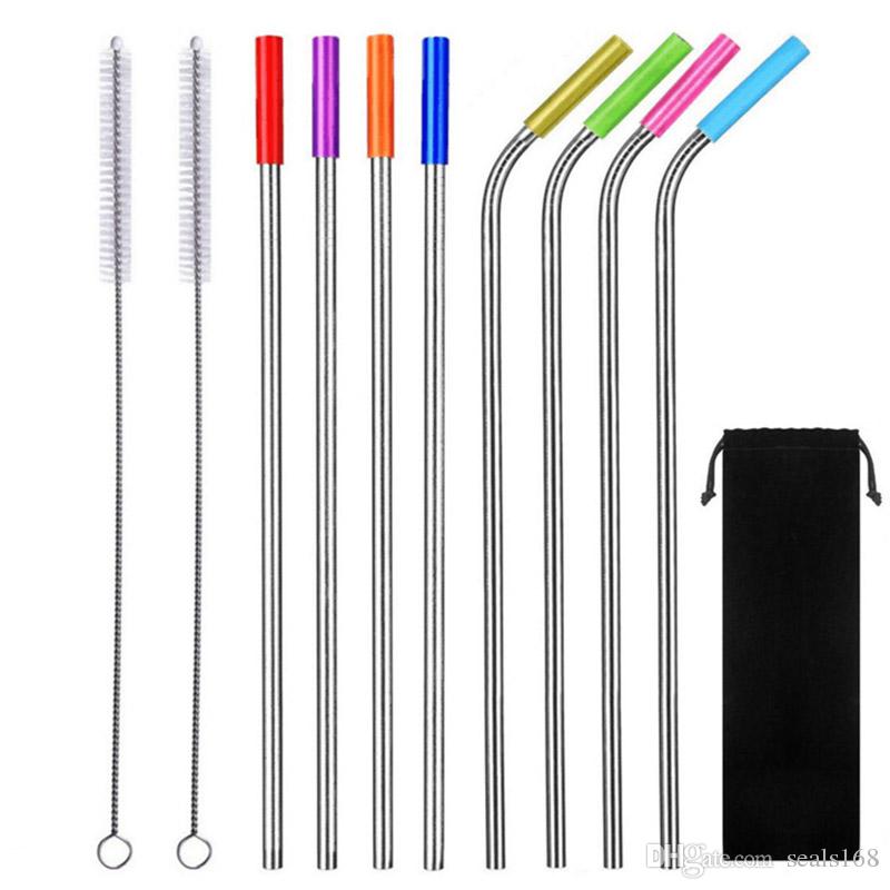 Stainless Steel Drinking Straws Set With Silicone Tip Cover 10.5 Inch Straws With Cleaning Brushes For 30OZ 20OZ Bar 10pcs/Set HH7-1755