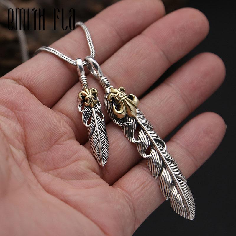 Genuine 925 Sterling Silver Vintage Punk Eagle Feather Pendant Copper inlaid Ship's Anchor For Women Men Necklace Jewelry