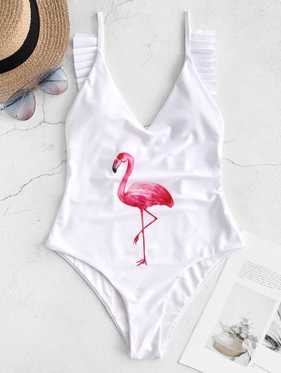 ZAFUL Ruffle Drop Armhole Flamingo Swimsuit