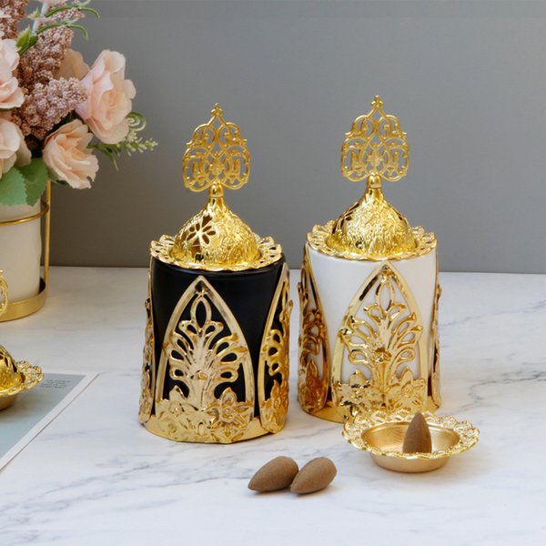 Gold Metal Incense Burner Matte Black and White Ceramic Tabletop Incense Burner Decorative Ornaments