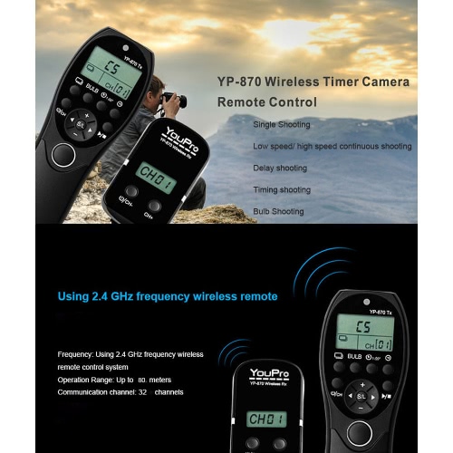YouPro YP-870 E3 2.4G Wireless Remote Control LCD Timer Shutter Release Transmitter Receiver 32 Channels for Canon 600D 650D 700D 760D 750D 70D 7D2 60D 1100D 1200D 500D 450D Rebel T2i T3i T4i T5i for Pentax Samsung Contax DSLR Camera