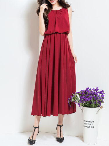 Red Casual Crew Neck Polyester Midi Dress