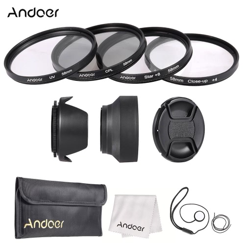 Andoer 58mm Lens Filter Kit with Lens Cap Holder Tulip Rubber Lens Hoods Cleaning Cloth