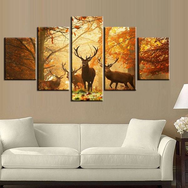 5pcs/set Sunset Golden Deer Wall Art Oil Painting On Canvas (No Frame) Animal Impressionist Paintings Picture Living Room Decor