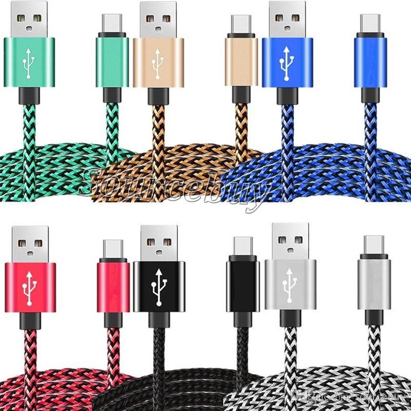 Cell Phone Cable Long Length 3M V8 Braided Type-C Micro USB Data & Sync faster Charger Cable Line For Smart Cell phone Multi Colors