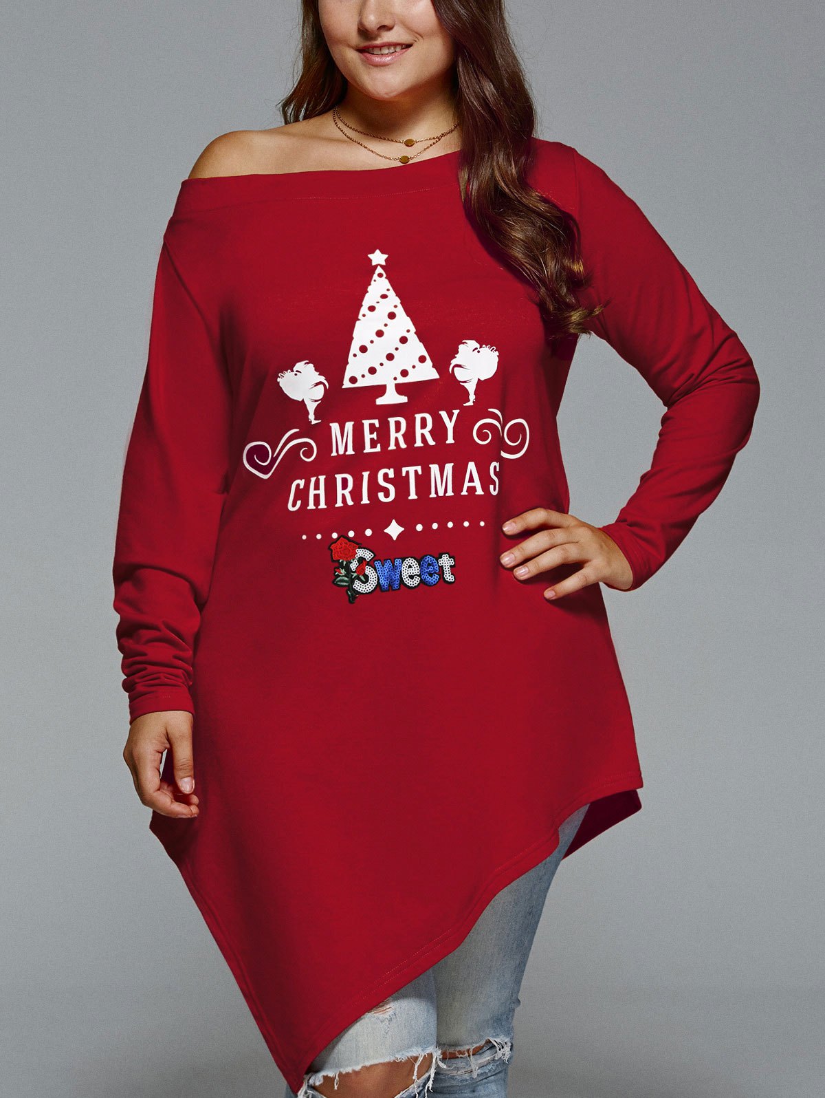Christmas Skew Neck Plus Size Asymmetrical T-shirt